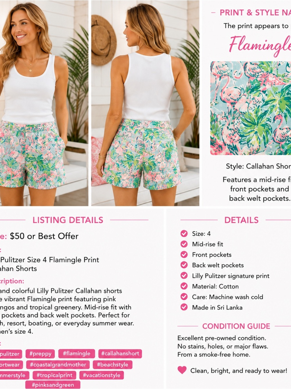 Lilly Pulitzer Size 4 Flamingle Print Callahan Shorts Pink Green Tropical 🌴